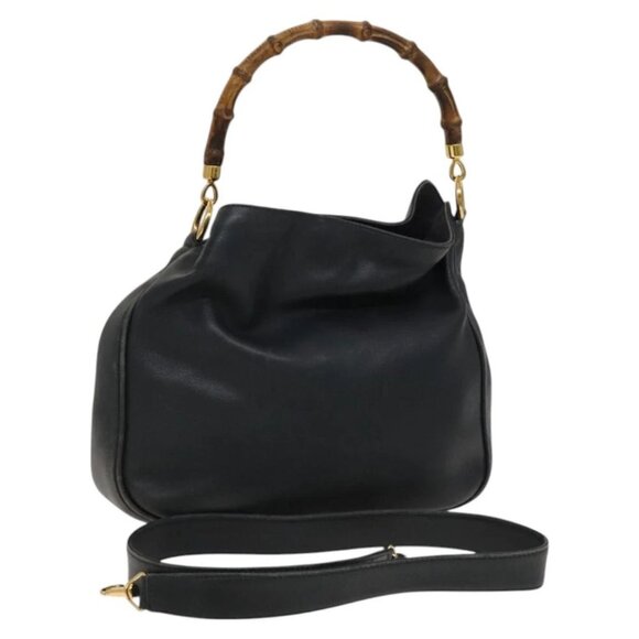 GUCCI Bamboo Hand Bag Leather 2way Black Gold Auth 127453 - Picture 1 of 15